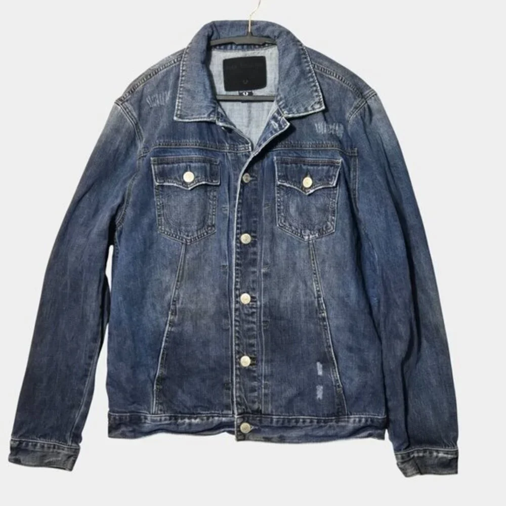 True Religion Mens Dylan Distressed Denim Trucker Jacket 2X Outerwear Streetwear